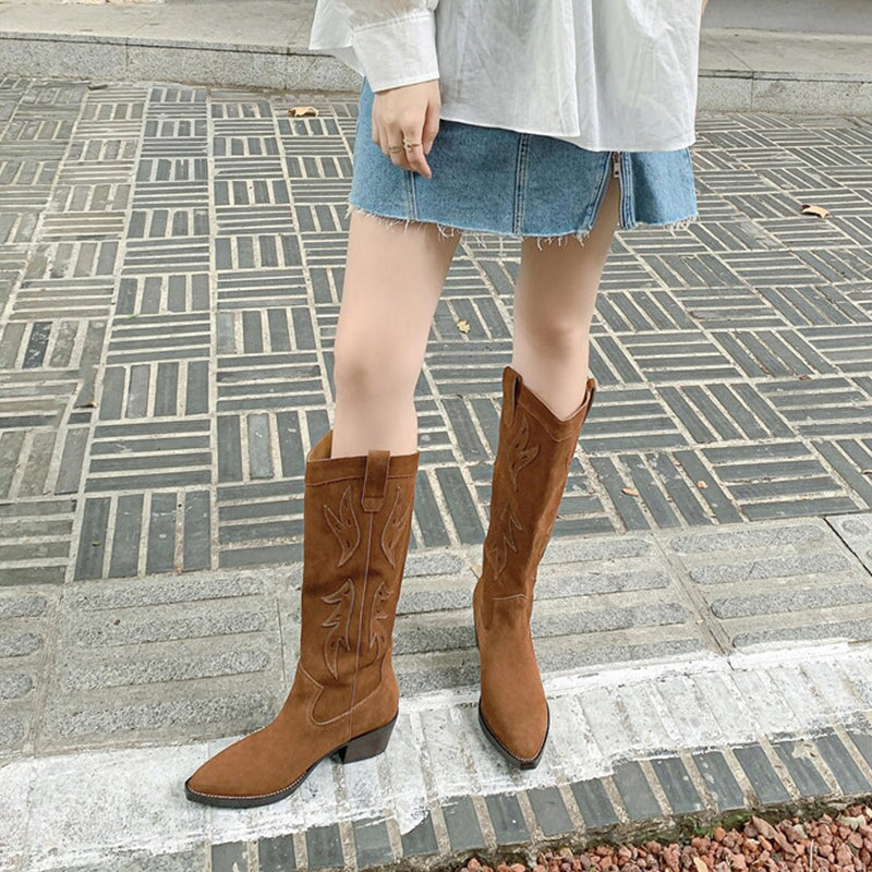 Women's Suede Western Embroidered Knee High Boots Block Heel - Black/Brown Maxct