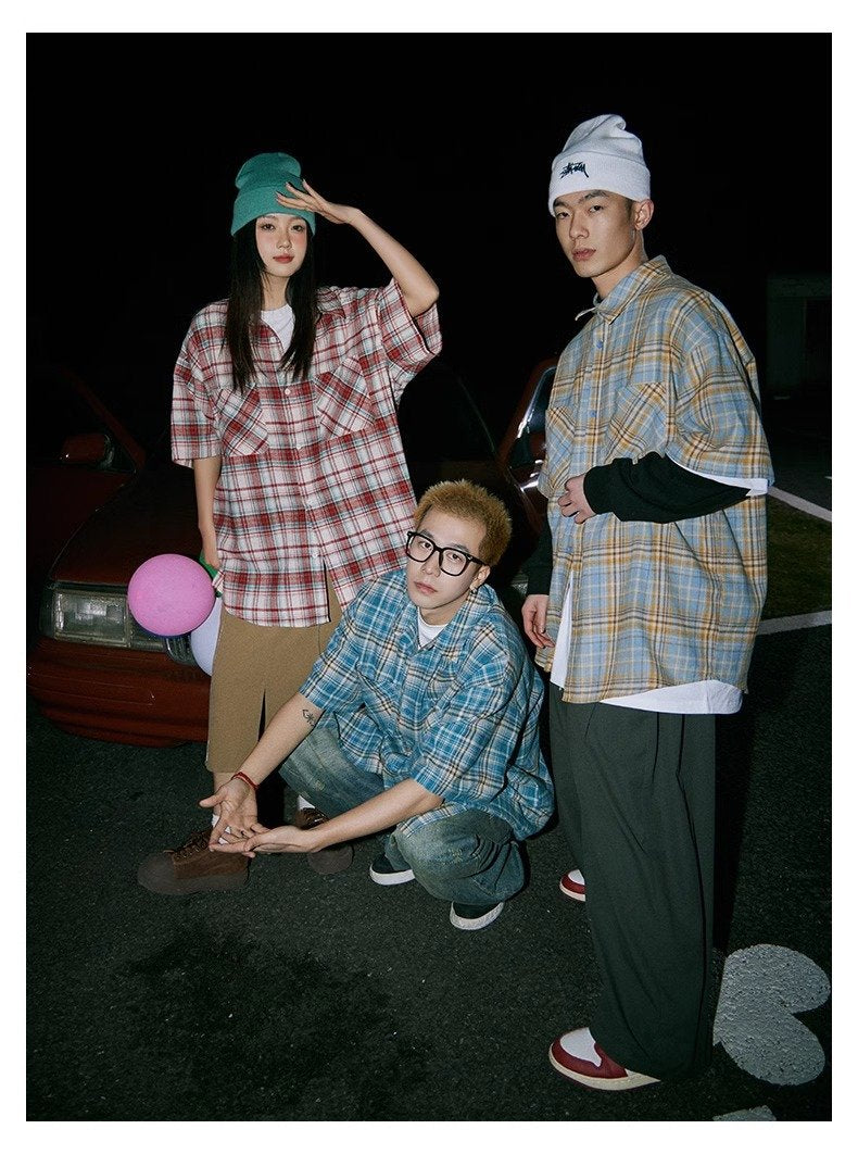 Maxct 90s Streetwear Japanese Niche Plaid Short-sleeved Shirt Men's Summer New Loose Trendy Brand All-match Shirt Couple's Coat Top