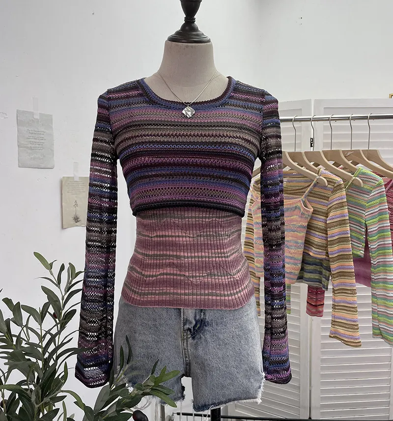 Maxct outfit inspo fall American Hot Girl Contrast Color Striped Stitching Short Navel Blouse + Slim Camisole Two-Piece Set 8869