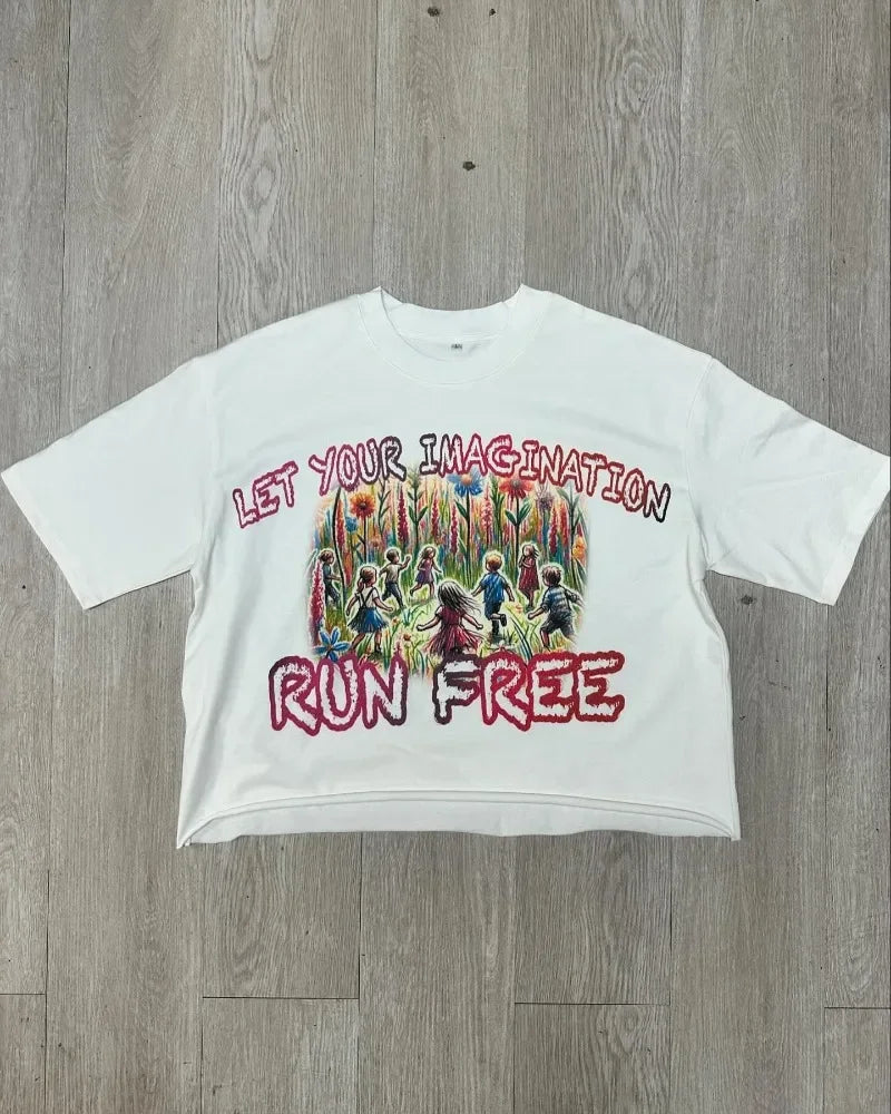 Maxct Four seasons new colorful cartoon pattern printed oversized T-shirt men's Y2k street hip-hop Harajuku loose short-sleeved top