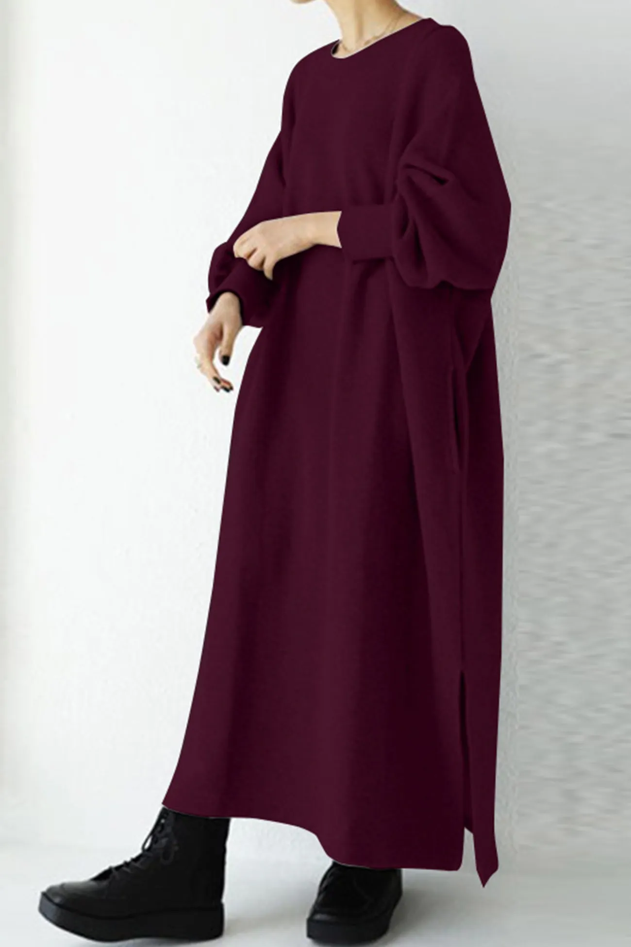 Maxct Solid Crew Neck Slit Sweatshirt Dress