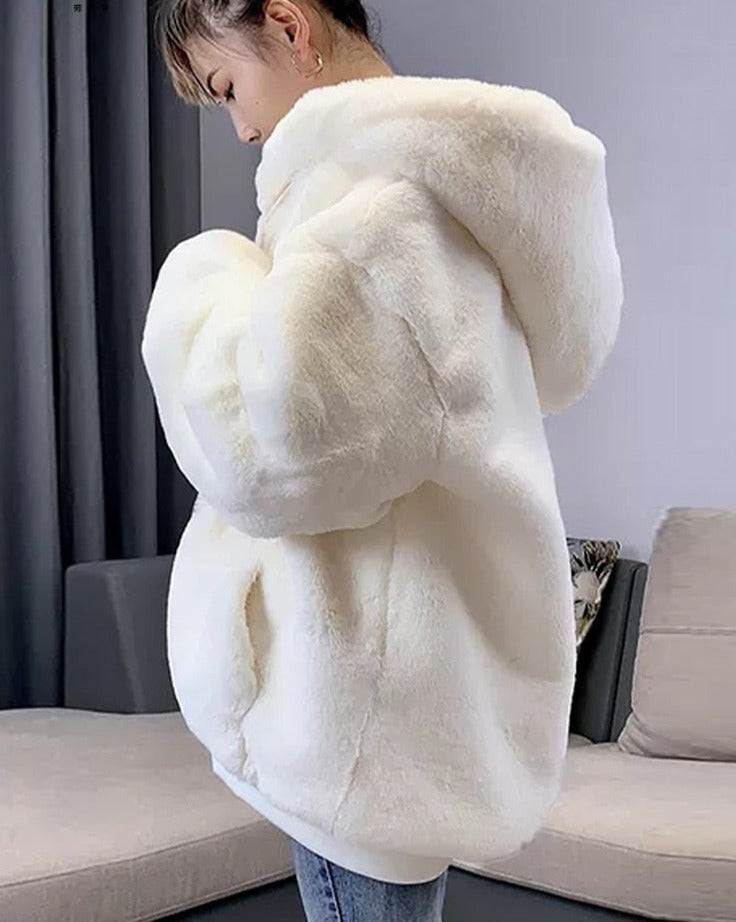 Warm Fluffy Loose White Hoodie for Women Maxct