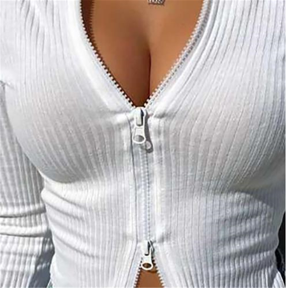 Chic Women Double Zipper Up Rib Knitted T-shirt Spring Autumn Long Sleeve Slim Fit Basic Tees 90s Vintage Elegant Crop Tops
