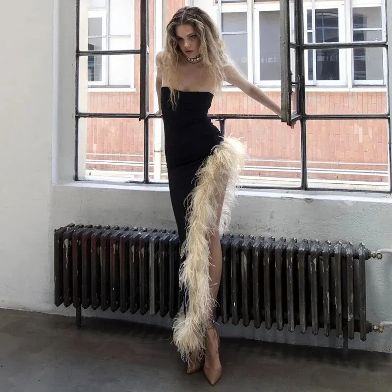 Maxct Womens Sexy Vintage Furry Feathers Irregular Hem Strapless Long Dress Elegant Sexy Black Gowns for Ladies Party