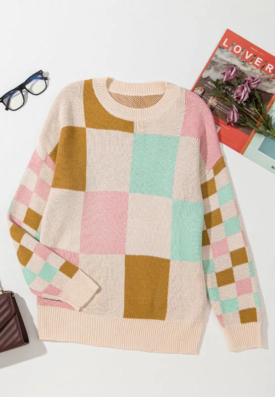 Maxct &Checkered Round Neck Drop Shoulder Sweater