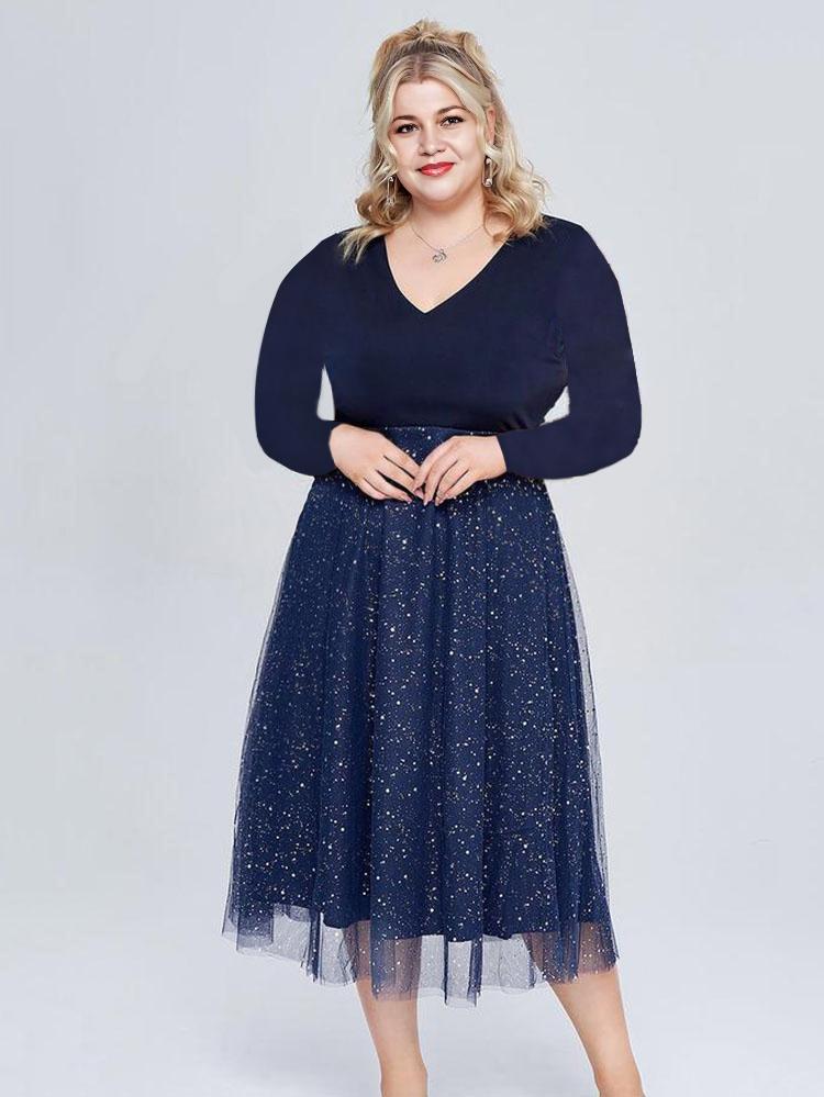 Long Sleeve Double V Neck Contrast Mesh Midi Dress Maxct