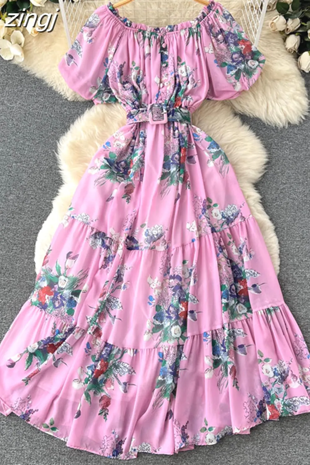 Maxct Bohemian Floral Chiffon Long Dress Women Sexy Off Shoulder Ruffle Puff Short Sleeve High Waist A-Line Big Swing Vestidos