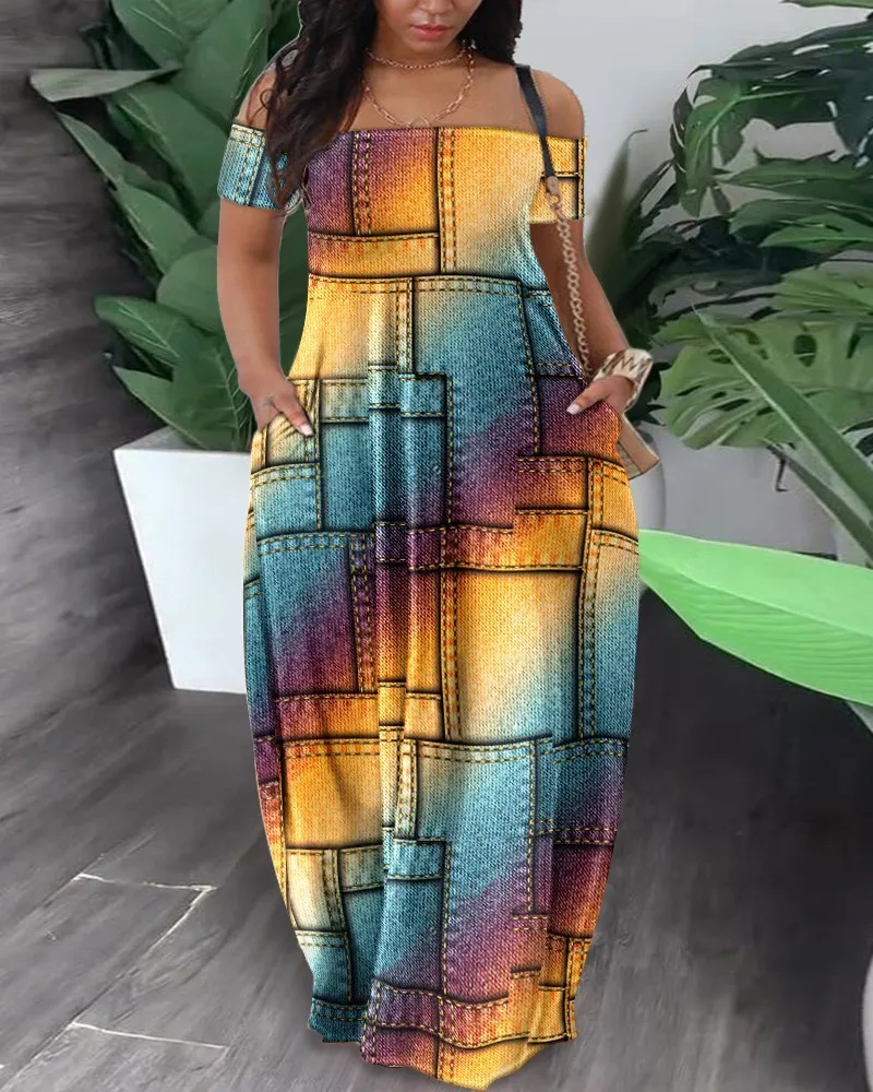 Maxct Summer New Women's Fashion Leisure Sexy Print Bare Shoulder Dress