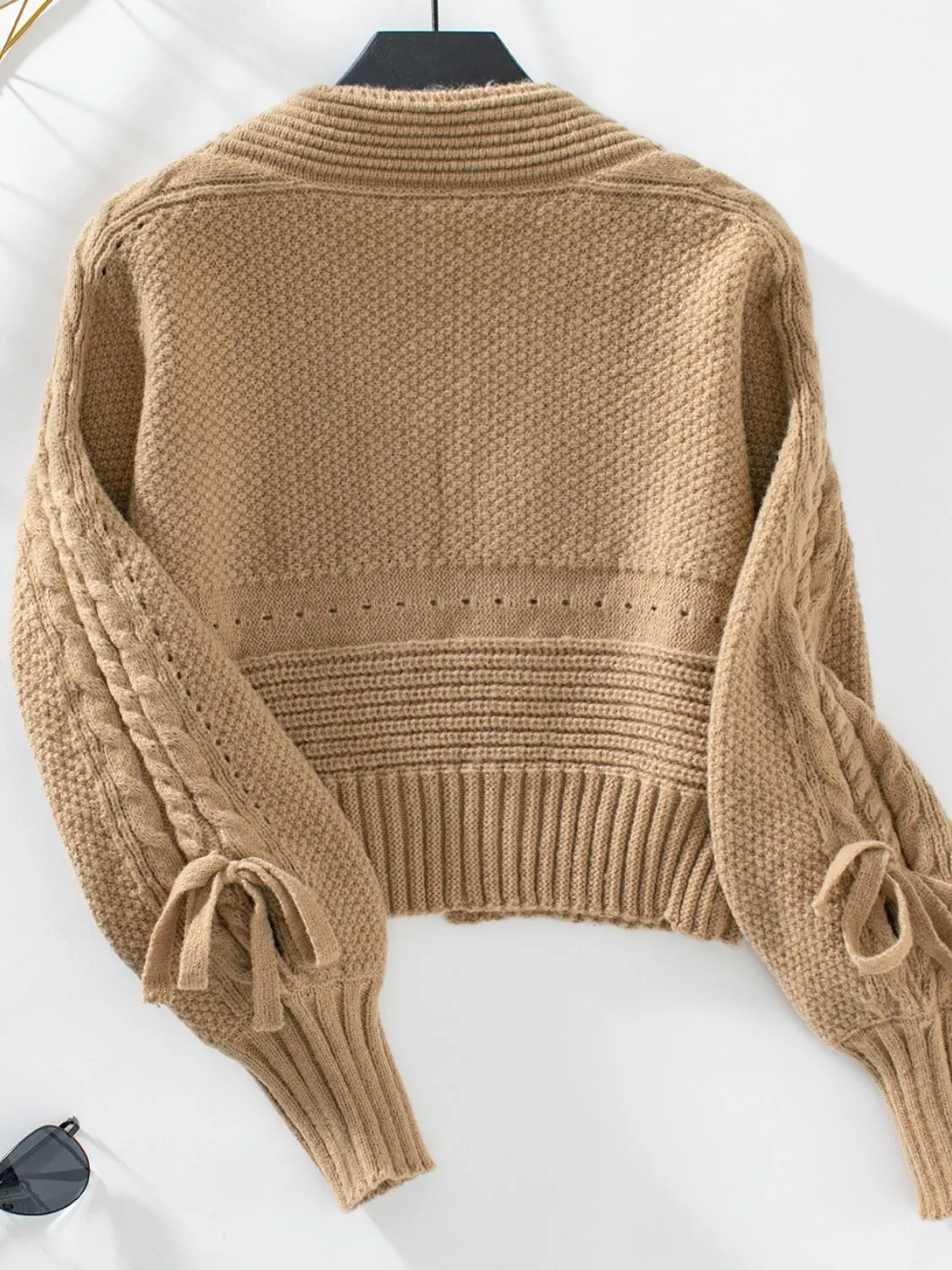 Maxct &Cable-Knit Tied Open Front Lantern Sleeve Cardigan
