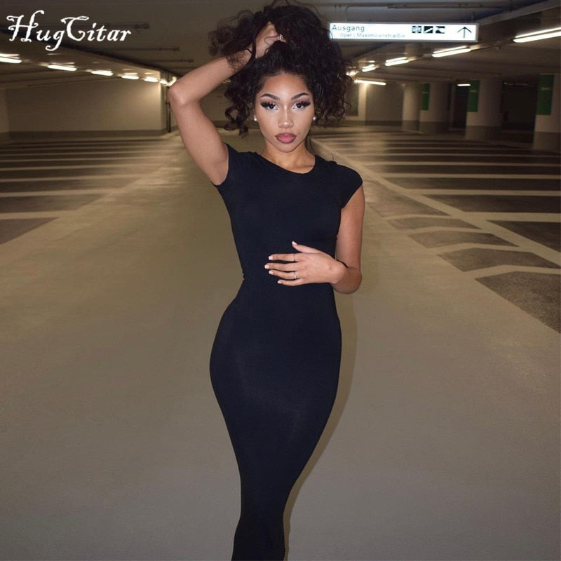 Voguable Short Sleeve O-Neck Solid Bodycon Dress Streetwear Y2K Party Casual Club Maxct