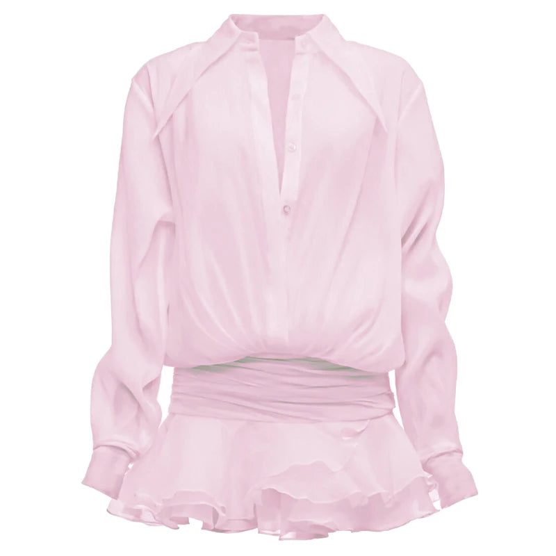Maxct New Chiffon Mini Dress Women's Ruffled Splice Pleated Dress Mesh See-through Loose Oversized Shirt Dress Cover-Up Clothes