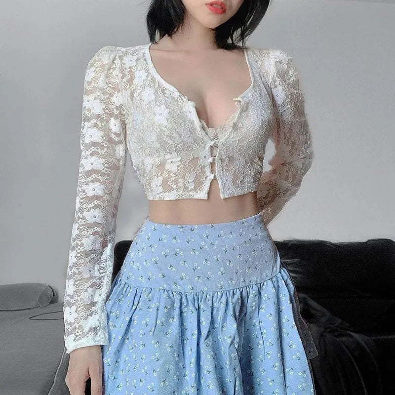 Maxct 90s Vintage Button Up Long Sleeve Crop Top Floral Lace Transparent T-shirt Korean Harajuku Slim Fit Tees Y2K Women Streetwear