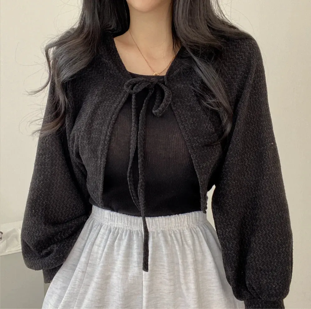 Maxct Thin White Cardigan Bandage Lantern Sleeve Short Coat Pull Femme Knitwear Top Girl Cardigan Korean Style Casual T Shirt