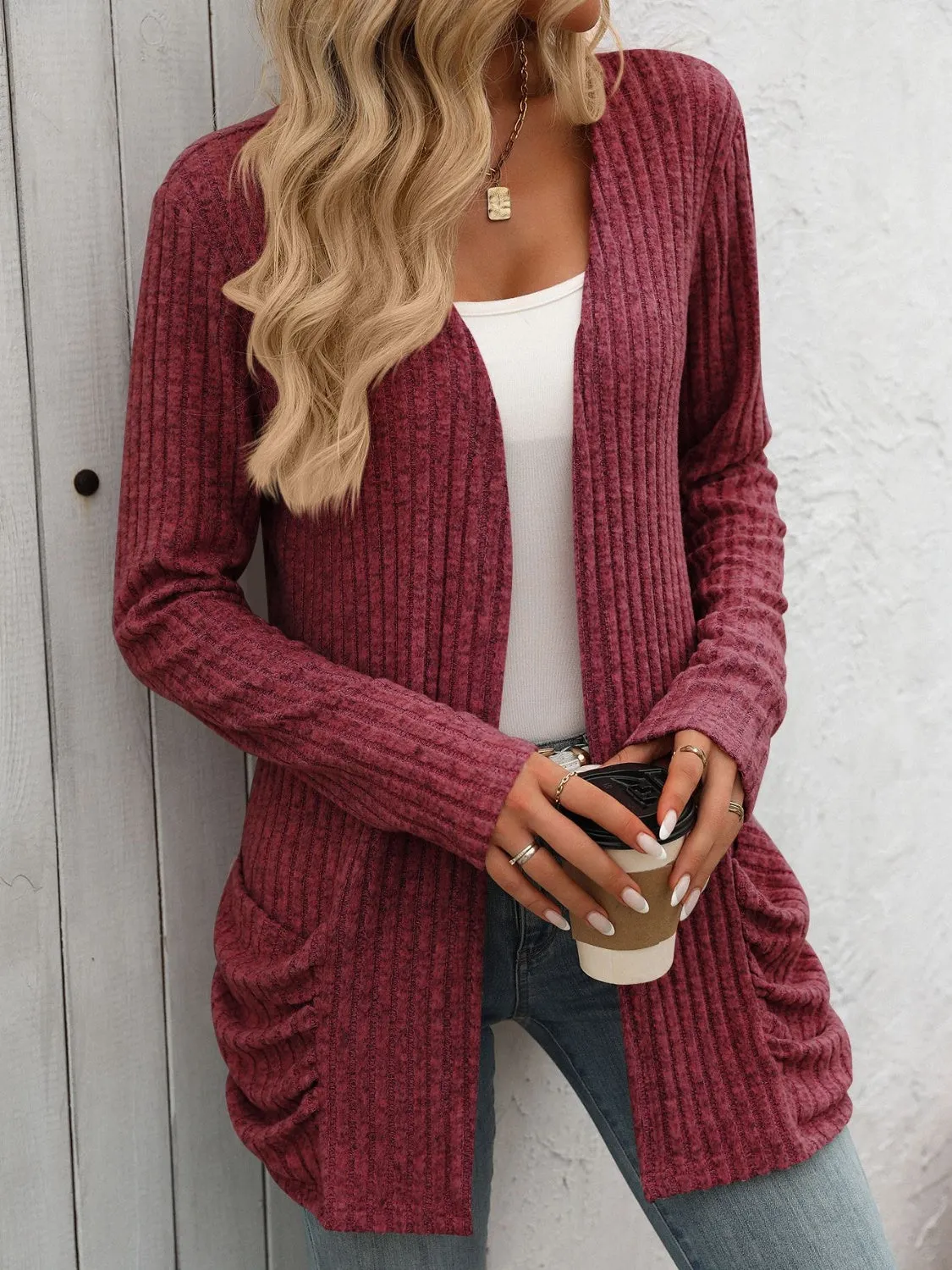 Maxct &Open Front Long Sleeve Ribbed Cardigan