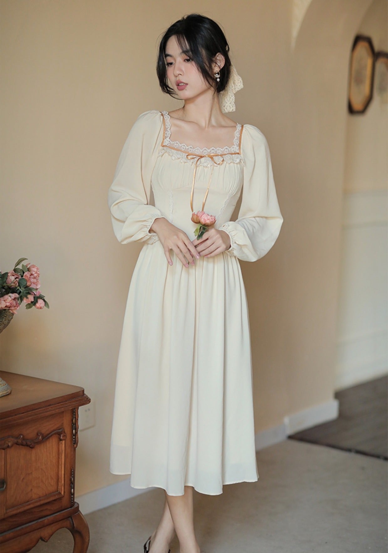 Basic Lace Square Neck Midi Dress Maxct