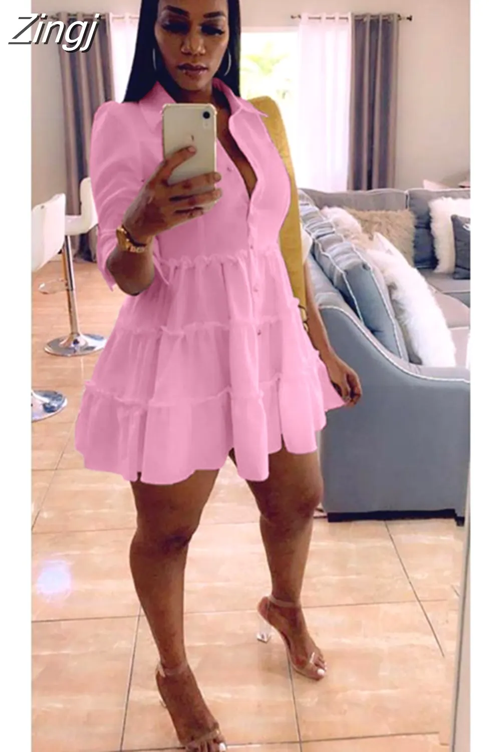 Maxct Solid Ruffles Shirt Dress Women Streetwear Half Sleeve Buttons Up High Waist Mini Dress Summer Casual Party Dresses