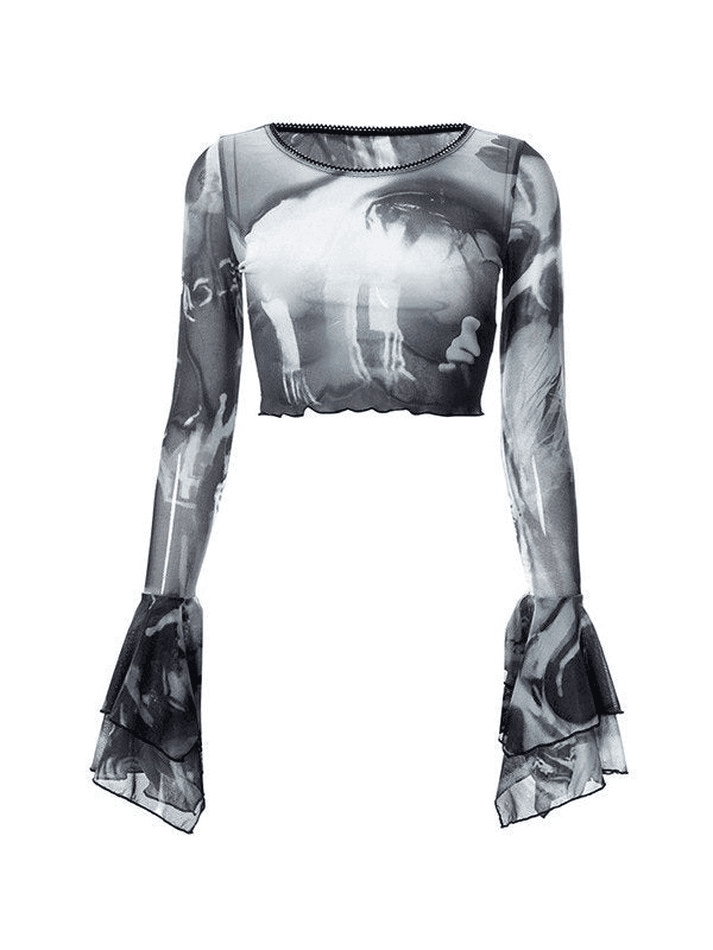 Maxct Cropped Flare Cuffs Mesh Blouse