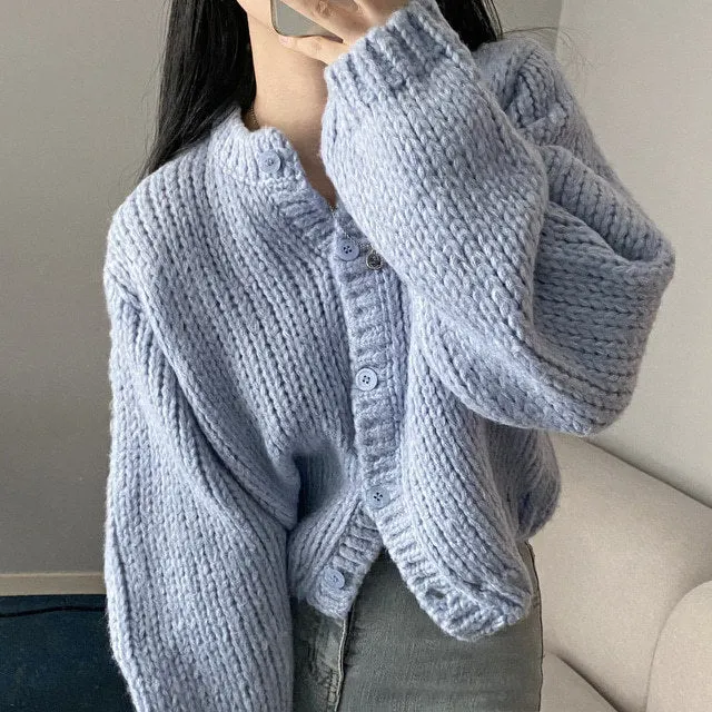 Maxct Round Neck Lantern Sleeve Knitted Cardigan