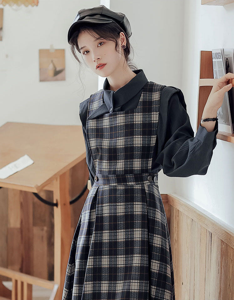 Crepe Plaid Pinafore Dress Set Maxct