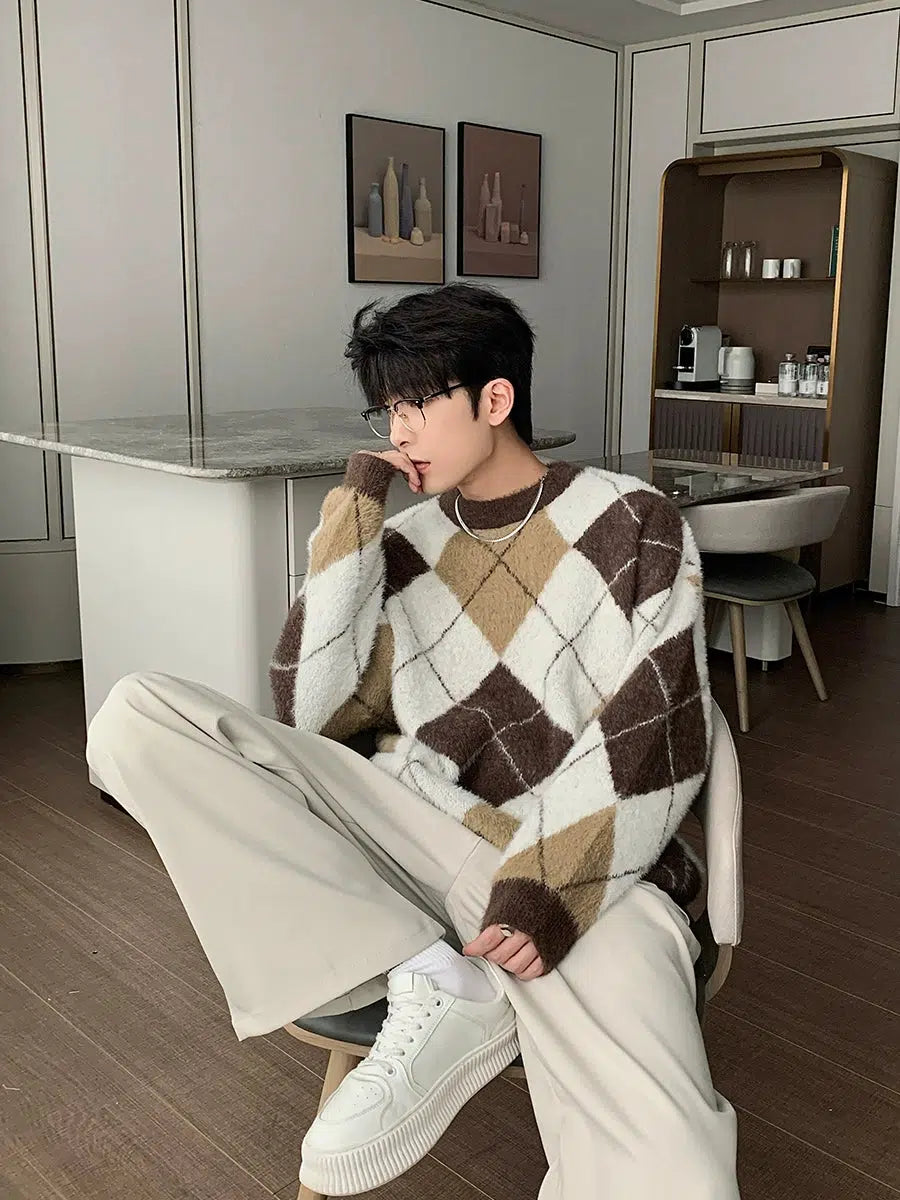 Maxct Colorblock Argyle Rhombus Sweater