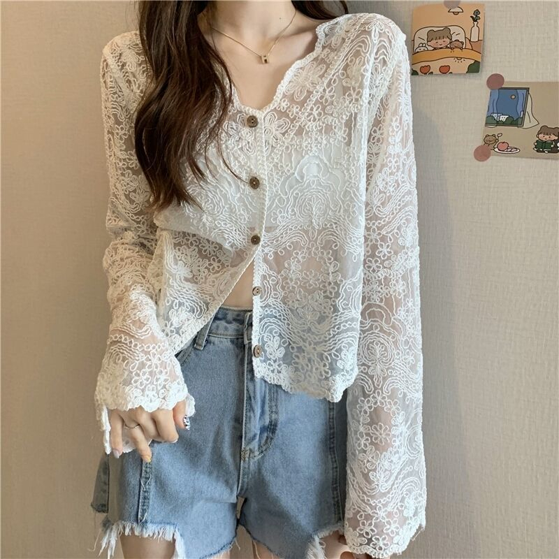 See Through Shirt Women Lace Blouse Summer Sun-Proof Sweet Sheer Tops Preppy V-Neck Casual Trendy Harajuku Basic Korean Blouse