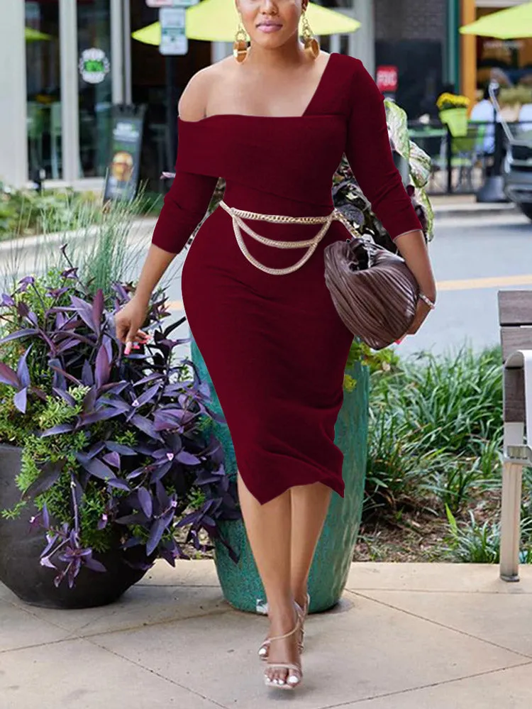 One Shoulder Slit Dress with Chain Belt Maxct