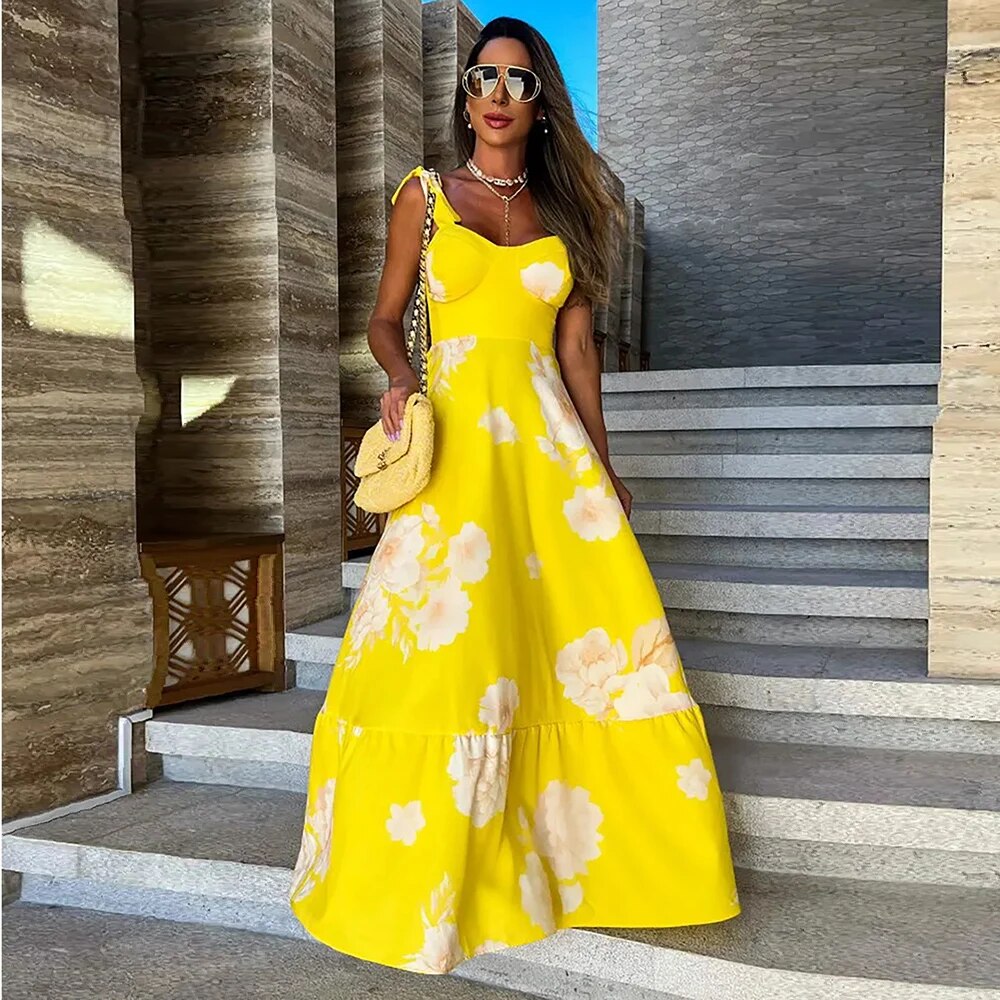 Maxct Floral Printed Yellow Dresses For Women Elegant Sleeveless Long Dress Holiday Lace Up Robe Summer Bodycon Vestidos Feminino