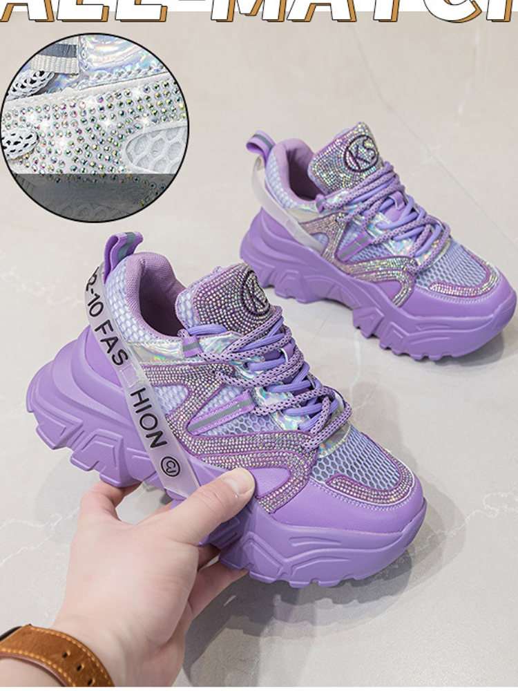 6cm Air Mesh Leather Bling Chunky Sneakers