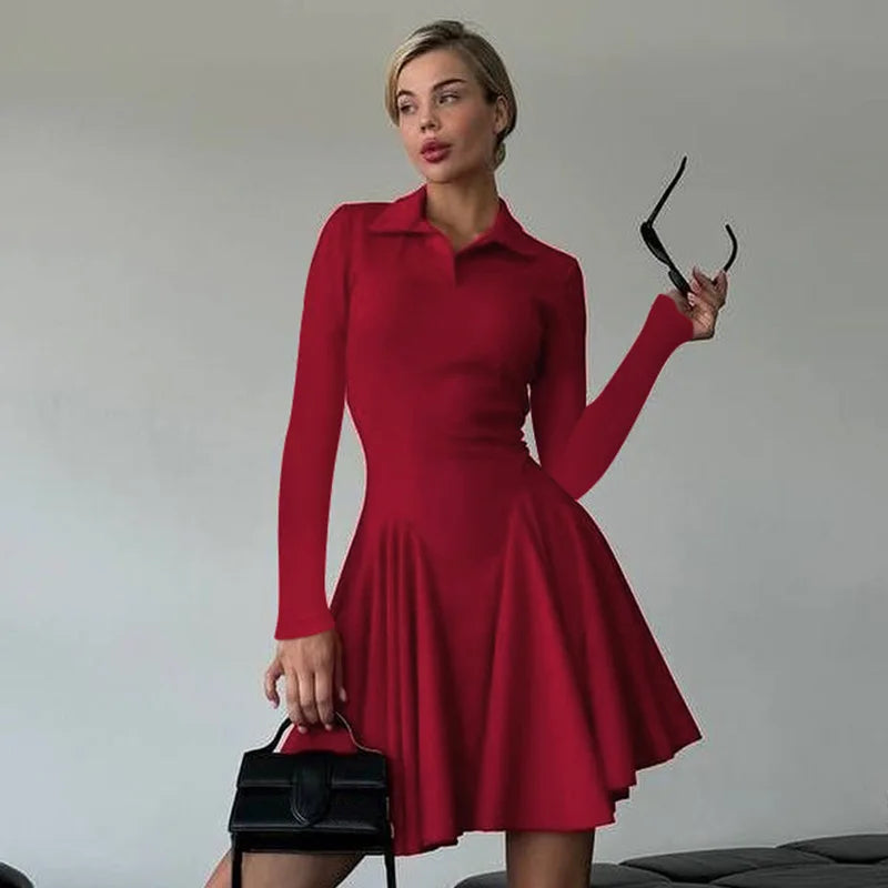Maxct Elegant Slim Folds Mini Dress Female Slinky Waist Shirt POLO Collar Dress Fashion Splice Long Sleeve Party Outfits Woman