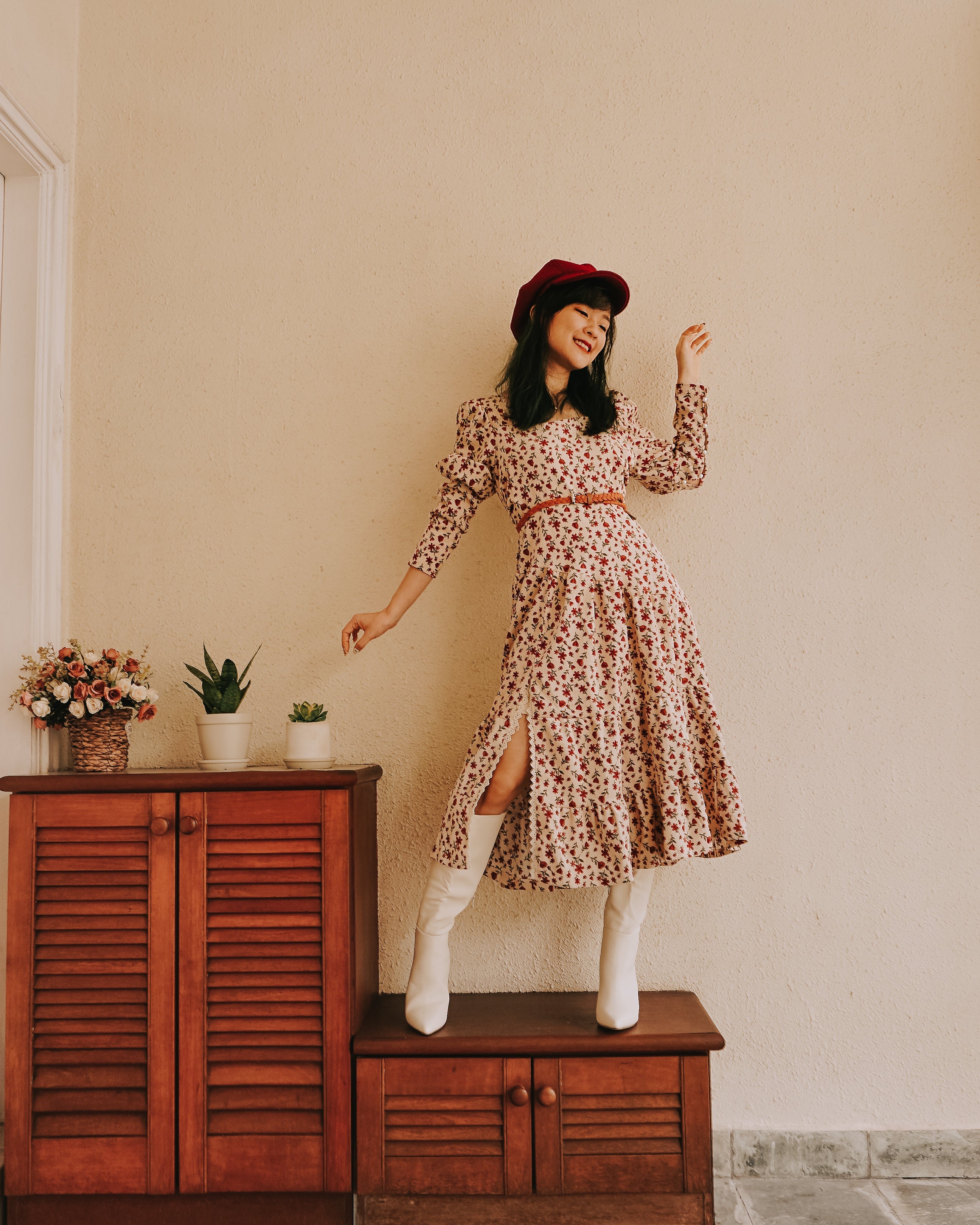 Sweet Floral Corduroy Midi Dress Maxct