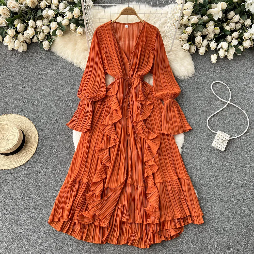 Chiffon Pleated Long Dress Women Vintage V-Neck Flare Sleeve Draped Ruffle Vestido Female Maxi Robe Spring Fall 1215-1