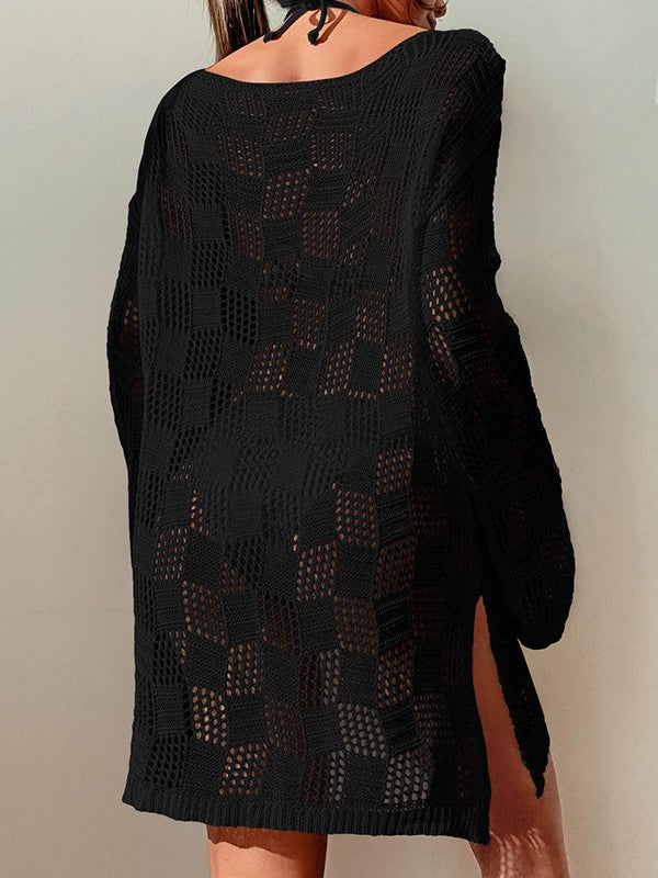 Split Long Sleeve Cover Up Mini Dress Maxct