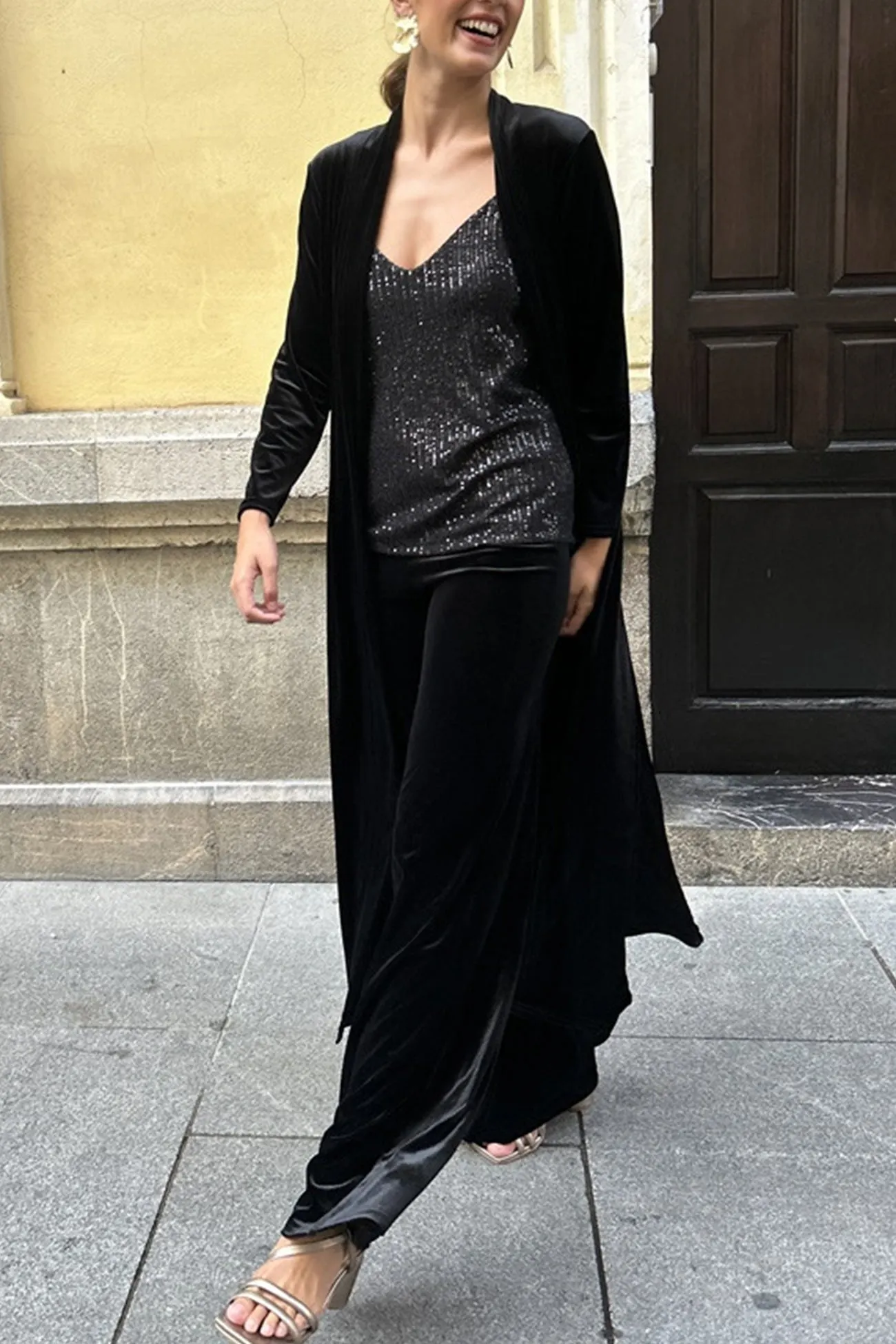 Maxct Velvet Slit Long Cardigan Two-piece Pants Suits