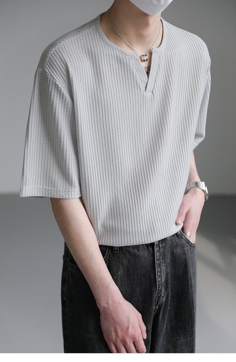 Maxct 90s Streetwear Summer New Korean Style Loose Small V-neck Short-sleeved T-shirt Men's Fashion Brand Wafflet High-end Sense Half-sleeved T-shirt Top
