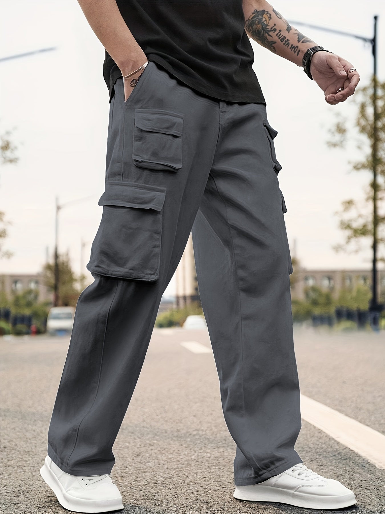 Maxct Men's Multi Flap Pocket Cargo Pants, Loose Trendy Pants