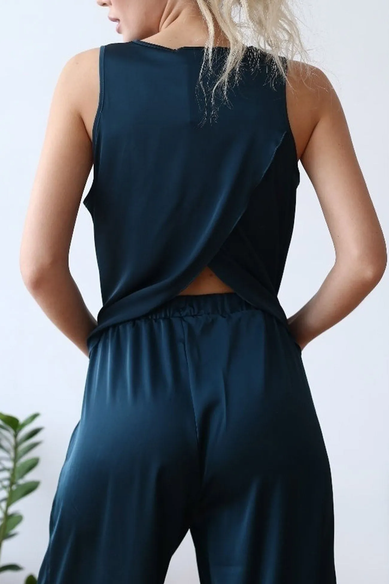 Maxct Satin Slit Tank Top Wide Leg Long Pants Set