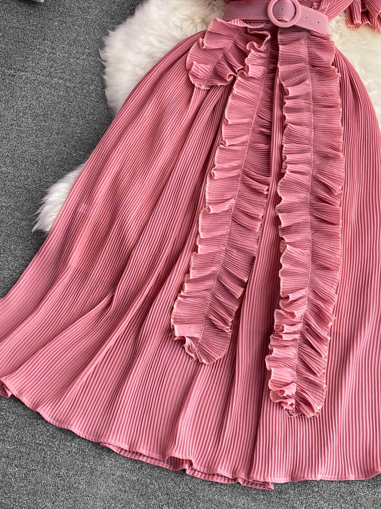 Women's Pleated Midi Dress Purple/Red/White Stand Collar Short Flare Sleeve High Waist A-Line Ruffle Party Vestidos Female