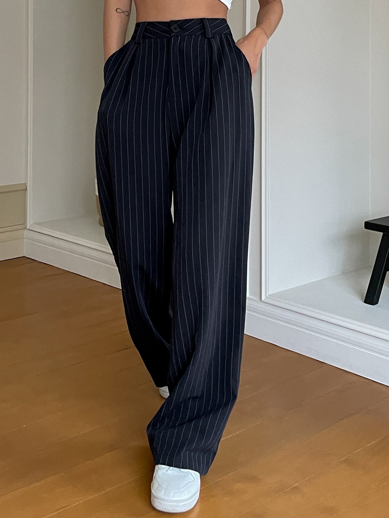 Maxct Pinstriped Print Wide Leg Suit Pants
