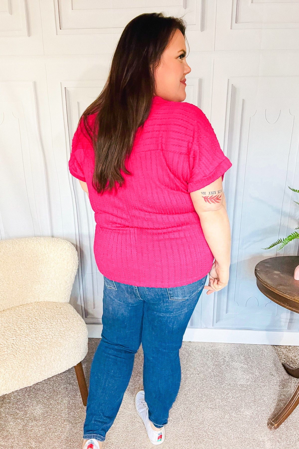 Maxct &Be Your Best Fuchsia Cable Knit Dolman Short Sleeve Sweater Top