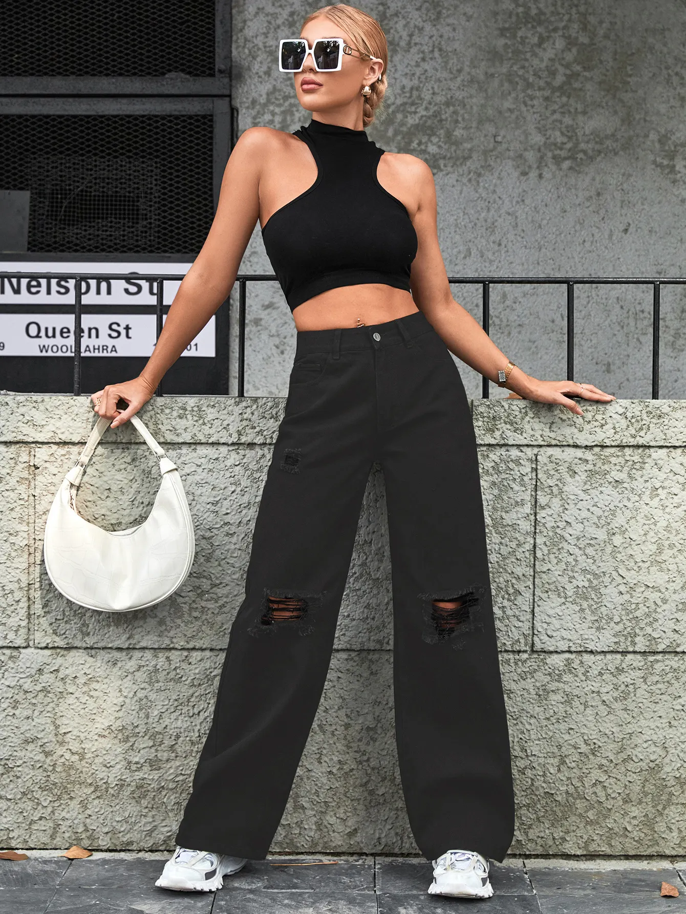 Maxct outfit inspo Women's Ins Fashion Ripped High Waist Wide Leg Pants Casual Denim Pants Fashion