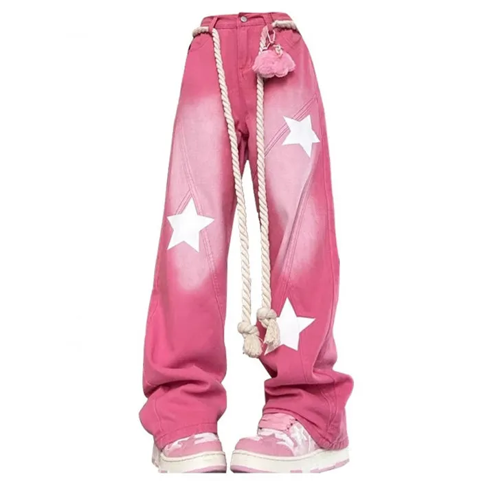 Star Print Y2K Pink Jeans Maxct