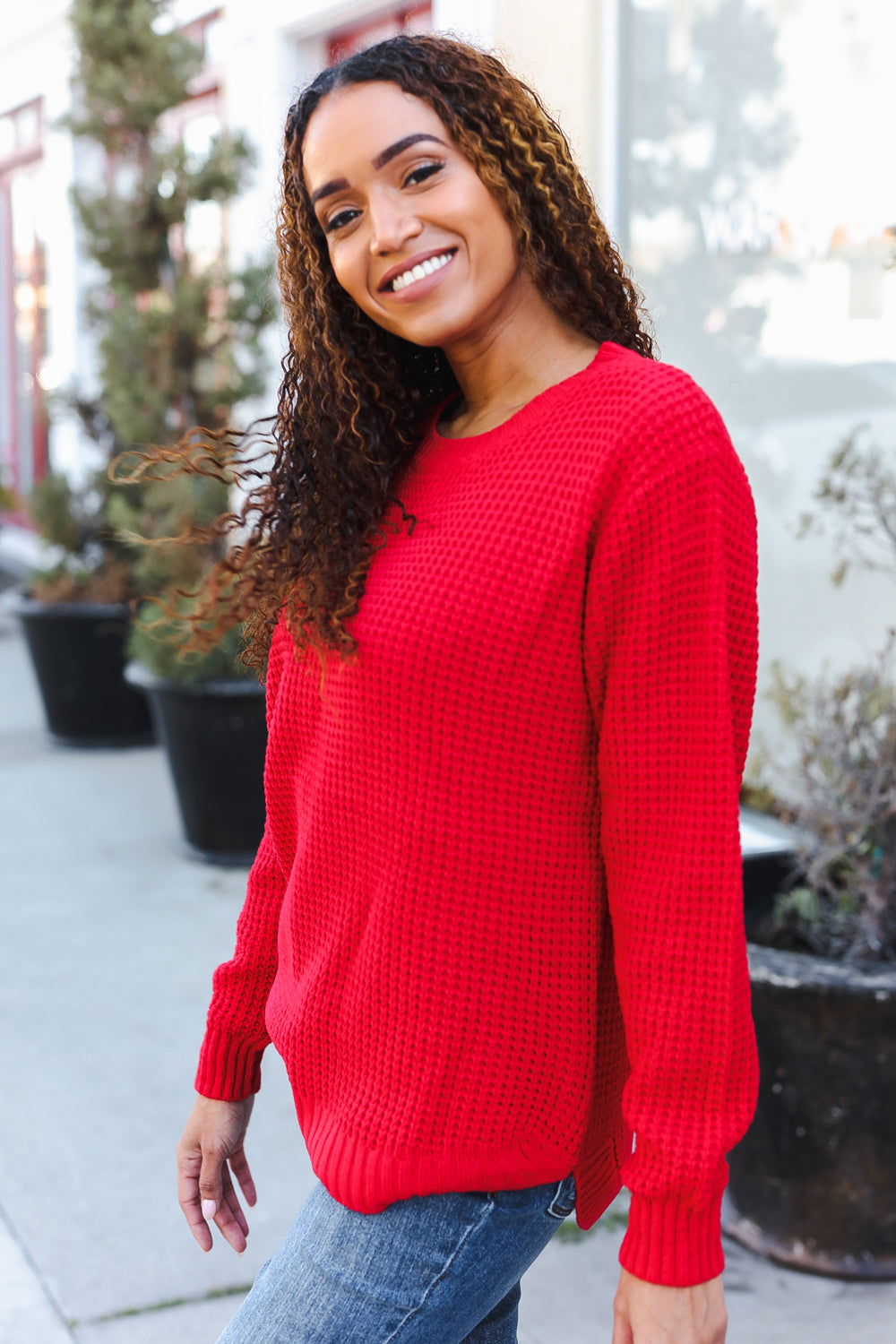 Maxct &All Present Christmas Red Waffle Knit Hi-Low Sweater