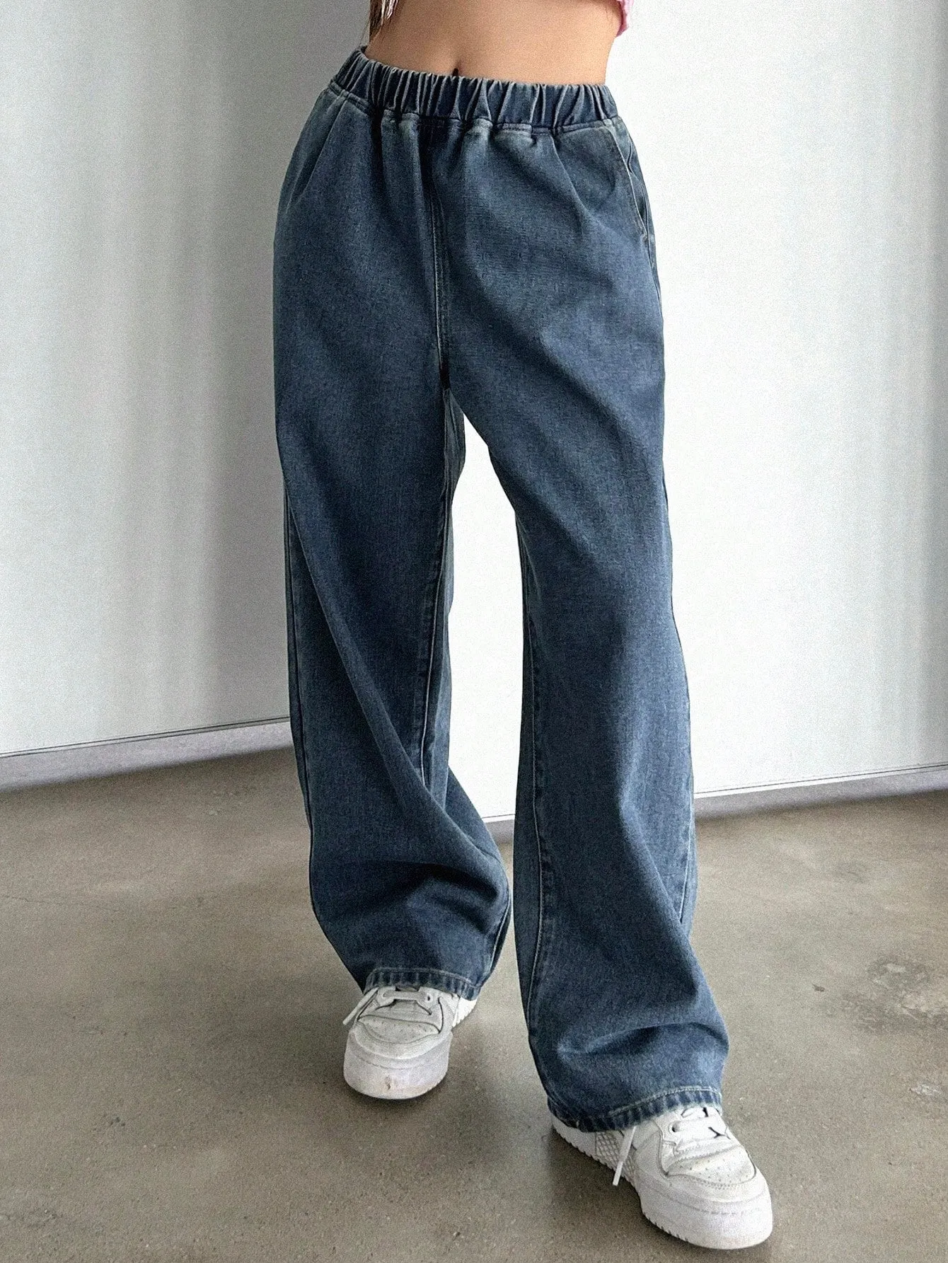 Maxct Women's Elastic Waist Wide Leg Loose Fit Casual Denim Pants With Pockets