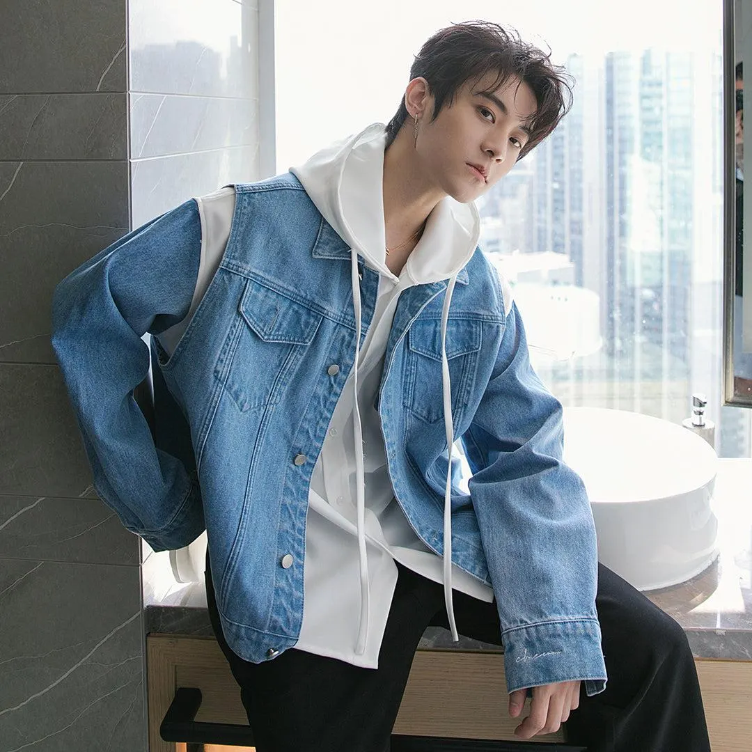 Maxct Hooded Shirt & Denim Sleeveless Jacket Set