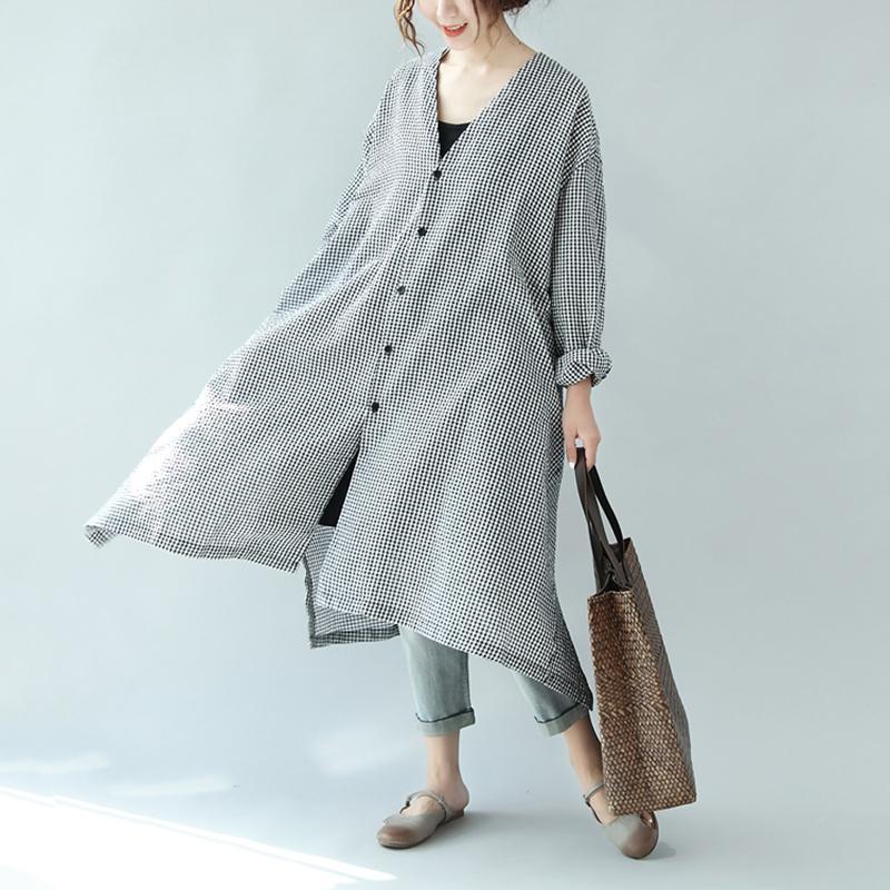 Spring Linen Plaid Casual Loose Long Shirt Dress For Women