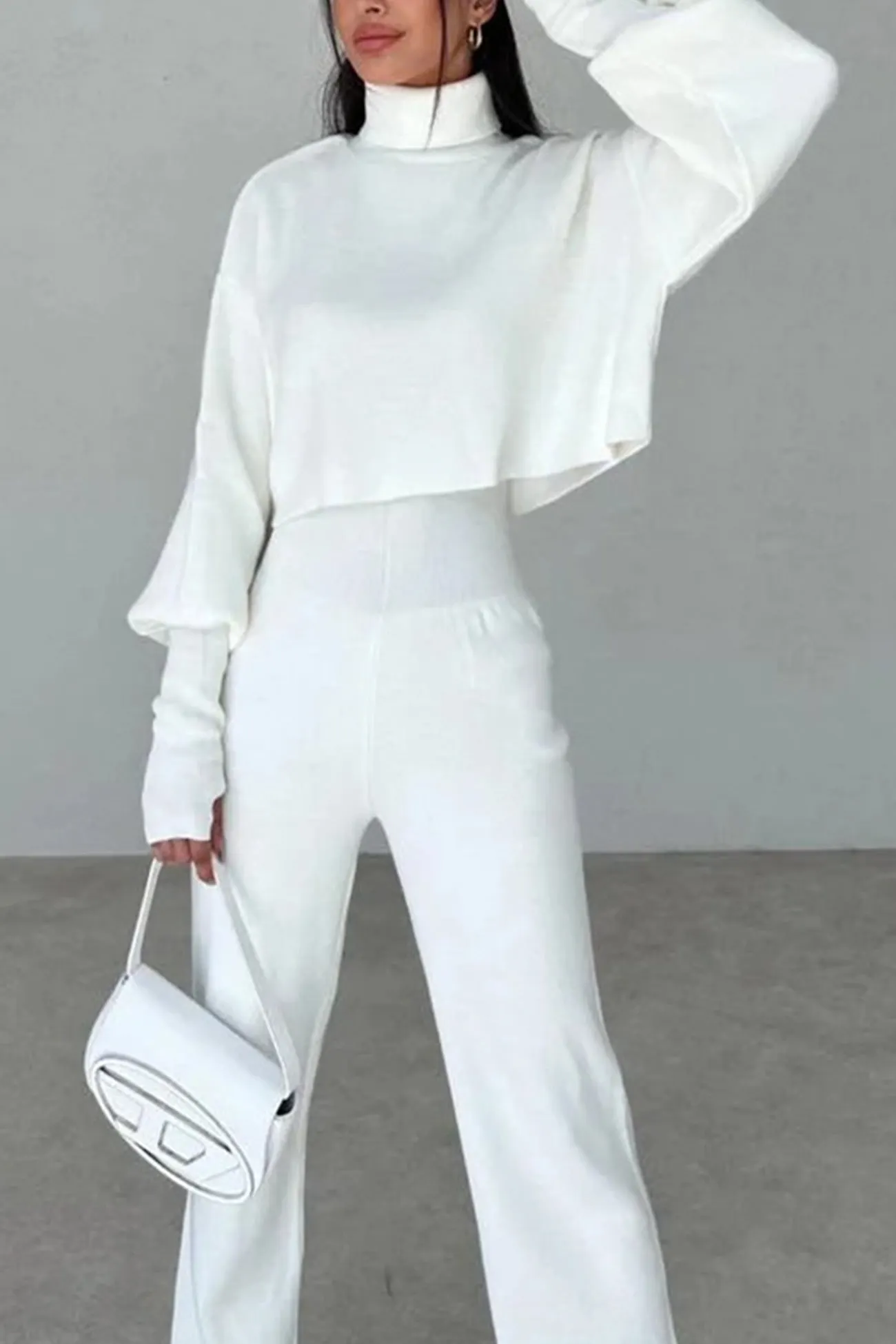 Maxct Solid High Neck Crop Top Long Pants Set