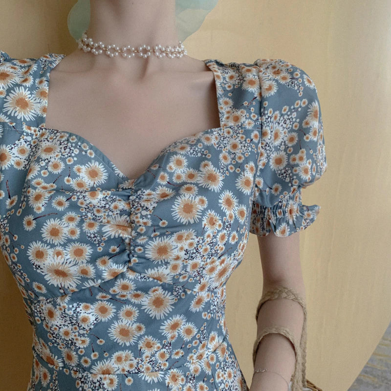 Flowers Pattern Puff Sleeve Split Dress Maxct