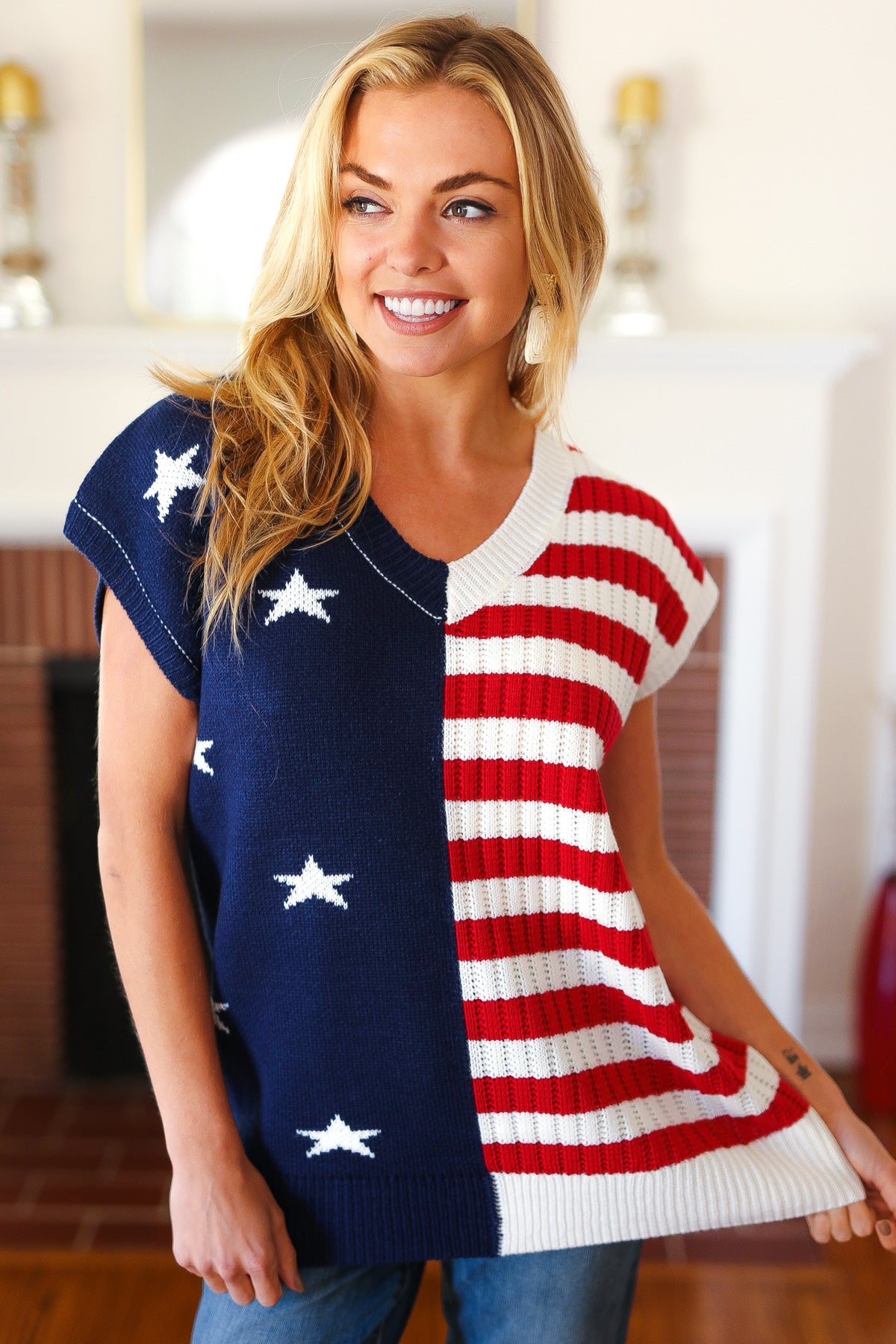 Maxct &Stars & Stripes Americana V Neck Dolman Sweater Top