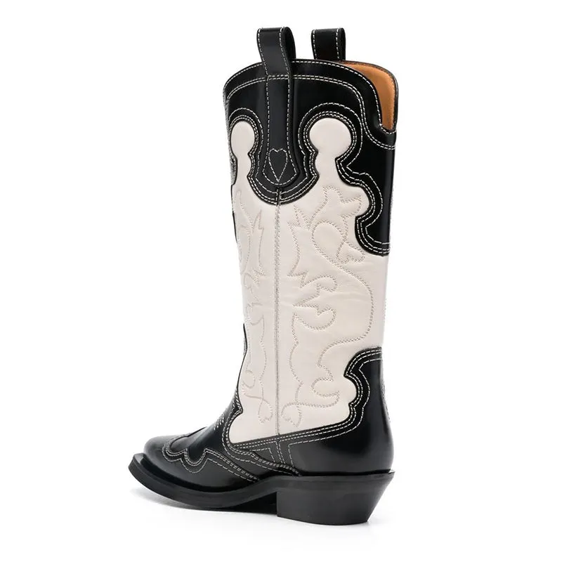 Womens Contrasting Embroidery Western Boots Mid Calf Cowboy Boots Maxct