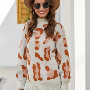 Maxct &Leopard Mock Neck Dropped Shoulder Sweater